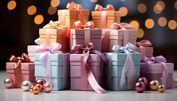 AI generated A large stack of gift boxes, wrapped in vibrant colors generated by AI photo