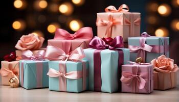 AI generated A stack of wrapped gift boxes in vibrant colors generated by AI photo