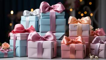 AI generated A stack of wrapped gift boxes in various colors generated by AI photo