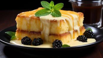 ai generado sano comiendo hecho en casa tarta de queso con Fresco Fruta y menta hoja generado por ai foto