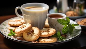 ai generado hecho en casa postre gastrónomo Galleta, chocolate mollete, y cremoso café generado por ai foto