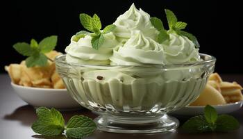 AI generated Fresh mint leaf enhances culinary dessert with sweet cream and fruit generated by AI photo