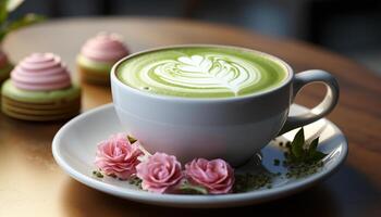 AI generated Freshness in a cup hot latte, green tea, aromatic coffee generated by AI photo