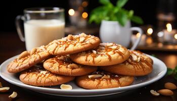 AI generated Freshly baked homemade chocolate chip cookies on a wooden table generated by AI photo