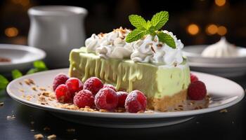 AI generated A gourmet dessert plate with fresh berry fruit and cream generated by AI photo
