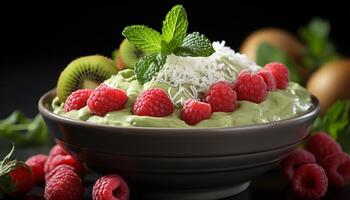 AI generated Fresh fruit bowl with yogurt, mint leaf, and healthy berries generated by AI photo