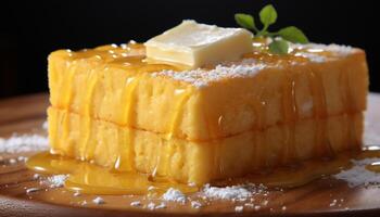 ai generado dulce alimento, gastrónomo postre, Fresco rebanada en de madera plato generado por ai foto