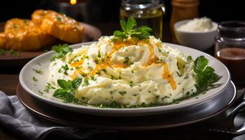 AI generated Freshness and gourmet meal on a close up plate with parsley generated by AI photo
