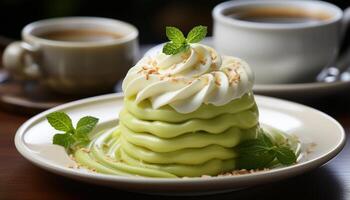 AI generated Homemade dessert fresh mint leaf on gourmet chocolate pancake generated by AI photo