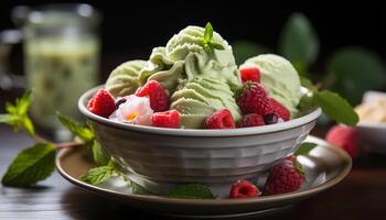 AI generated Fresh fruit dessert raspberry, strawberry, blueberry, mint, yogurt, ice cream generated by AI photo
