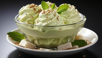 AI generated Fresh mint leaf decorates sweet, creamy, indulgent ice cream bowl generated by AI photo