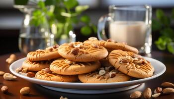 AI generated Freshly baked homemade chocolate chip cookies on a rustic wooden table generated by AI photo