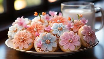 AI generated Homemade dessert pink flower, chocolate cookie, fresh decoration, sweet indulgence generated by AI photo
