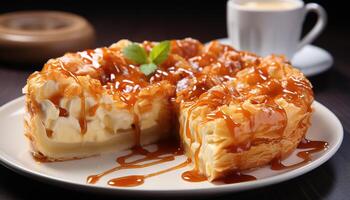 ai generado indulgente hecho en casa postre, dulce tarta con azotado crema y caramelo generado por ai foto