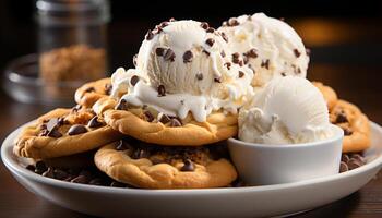 AI generated Homemade chocolate cookies on wooden table, a sweet indulgence generated by AI photo