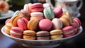 AI generated A gourmet dessert stack of macaroons, colorful and indulgent generated by AI photo