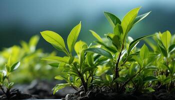 AI generated Fresh green leaves grow in the vibrant summer sunlight generated by AI photo