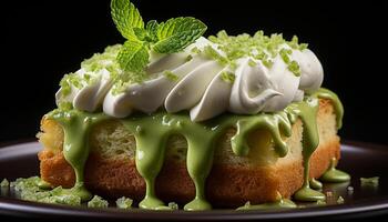 AI generated A homemade gourmet dessert, fresh and indulgent, on a green plate generated by AI photo