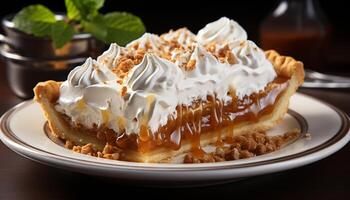 AI generated Homemade sweet pie with whipped cream and fresh fruit generated by AI photo