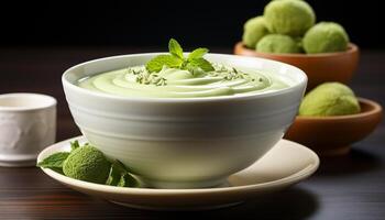 AI generated Homemade ice cream dessert with fresh mint leaf garnish generated by AI photo