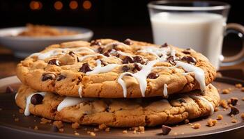 AI generated Homemade chocolate chip cookies on rustic wooden table generated by AI photo