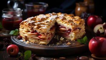 ai generado hecho en casa postre Fresco manzana rebanada en rústico madera plato generado por ai foto