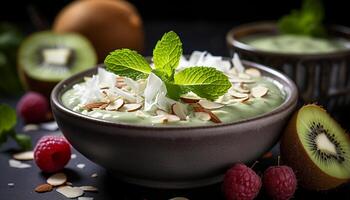 AI generated Fresh fruit bowl healthy, organic, vegetarian dessert with yogurt generated by AI photo
