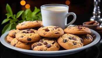 ai generado un apilar de hecho en casa chocolate chip galletas en un rústico mesa generado por ai foto