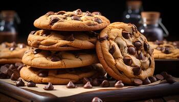 AI generated Freshly baked homemade chocolate chip cookies on a rustic wooden table generated by AI photo