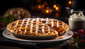 AI generated Fresh homemade dessert on rustic wood table sweet waffle indulgence generated by AI photo