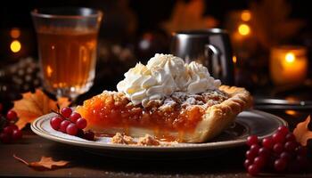 AI generated Homemade pumpkin pie on rustic wood table, sweet indulgence generated by AI photo