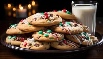 AI generated Homemade chocolate chip cookies on rustic wooden table generated by AI photo