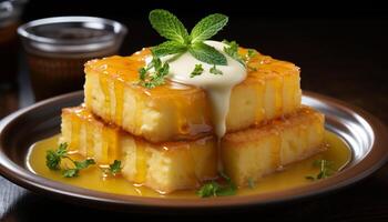 AI generated Freshness and sweetness on a plate, gourmet dessert slice generated by AI photo