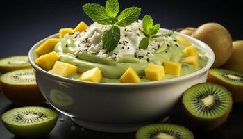 AI generated Fresh kiwi slice on a green bowl, healthy and refreshing generated by AI photo