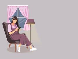 Young girl using phone sitting on the sofa vector