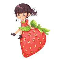Vector cartoon illustration of a girl sitting on a large strawberry