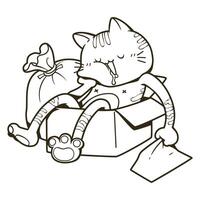 A cat sleeping in a paper box doodle style vector