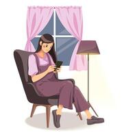 Vector illustration of beautiful lady using phone sitting on the sofa