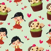 Seamless pattern cheerful girl with cupcake vector
