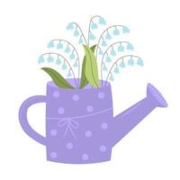 Garden watering can with lilies of the valley. Vector illustration isolated on white background.