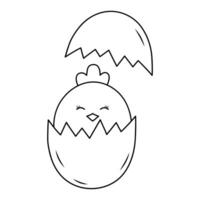 Cute Easter chick sits in cracked egg. Doodle chubby chicken. Vector linear illustration.