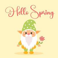 Hello spring greeting card with cute garden gnome.  Adorable character scandinavian dwarf with flower. Flat cartoon vector illustration.