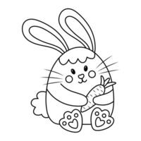 Cute Easter bunny holding carrot. Doodle chubby rabbit. Vector linear illustration.