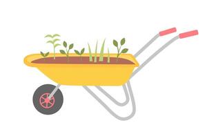 Garden cart with seedlings. Wheelbarrow with  sprouts. Vector illustration isolated on white background.