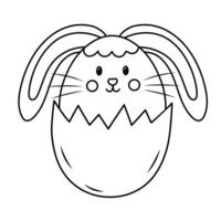 Cute Easter bunny sits in egg. Doodle chubby rabbit. Vector linear illustration.