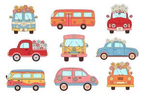 Groovy hippie vintage bus and car set. Retro travel automobiles with flowers and hearts. Love, peace, travel, adventure, hippie culture concept. vector