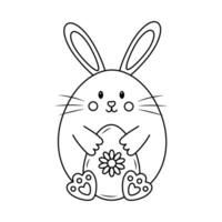 Cute Easter bunny holding decorative egg. Doodle chubby rabbit. Vector linear illustration.