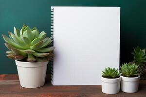 AI generated mockup white blank empty notepad with potted succulent on wooden table on blue background, template for design with copy space photo