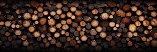 AI generated Background a lot of stacked cut tree logs, natural wooden trunks texture banner photo