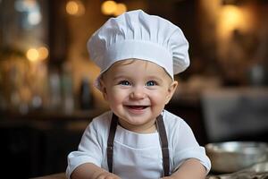 ai generado de cerca retrato de contento bebé en un blanco del chef sombrero en cocina en borroso antecedentes foto